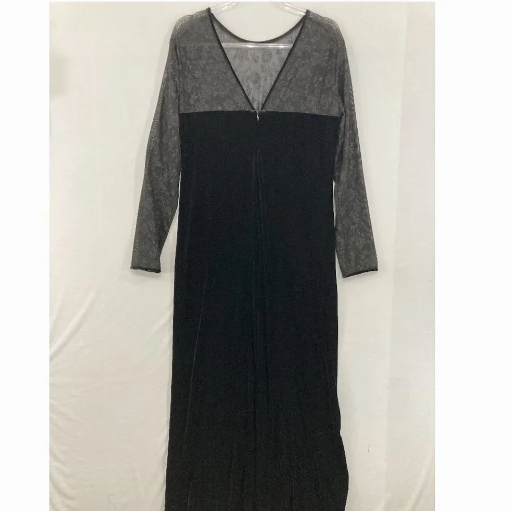 Vintage‎ Bobbie Bee size 14 Black Velvet Mesh V Neck Dark Romantic Maxi Dress